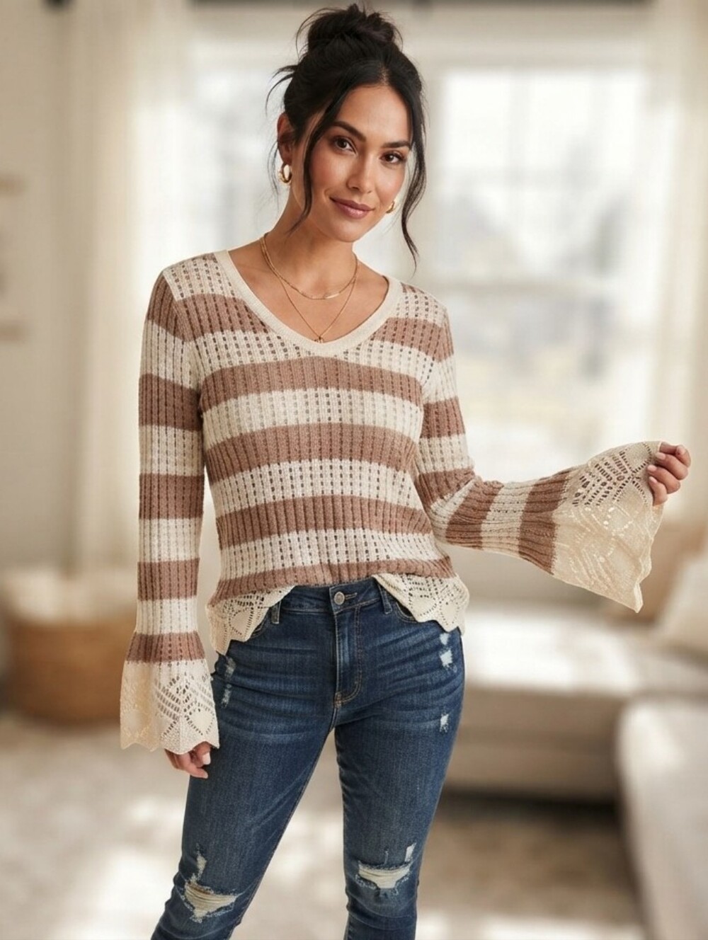 Maurices Taupe Cream Striped V-Neck Bell Sleeve Knit Sweater Size Medium Boho